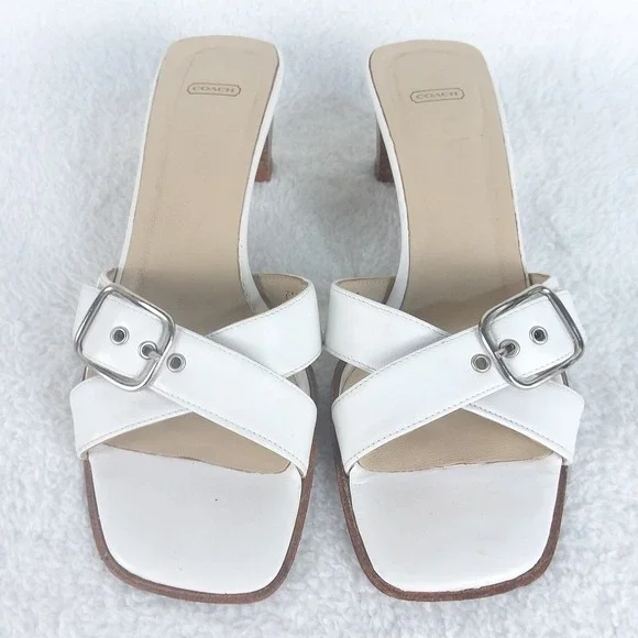 Coach Magdalene White Leather Cross Strap Buckle Slide Sandals Womens 6 Italy - Picture 5 of 12